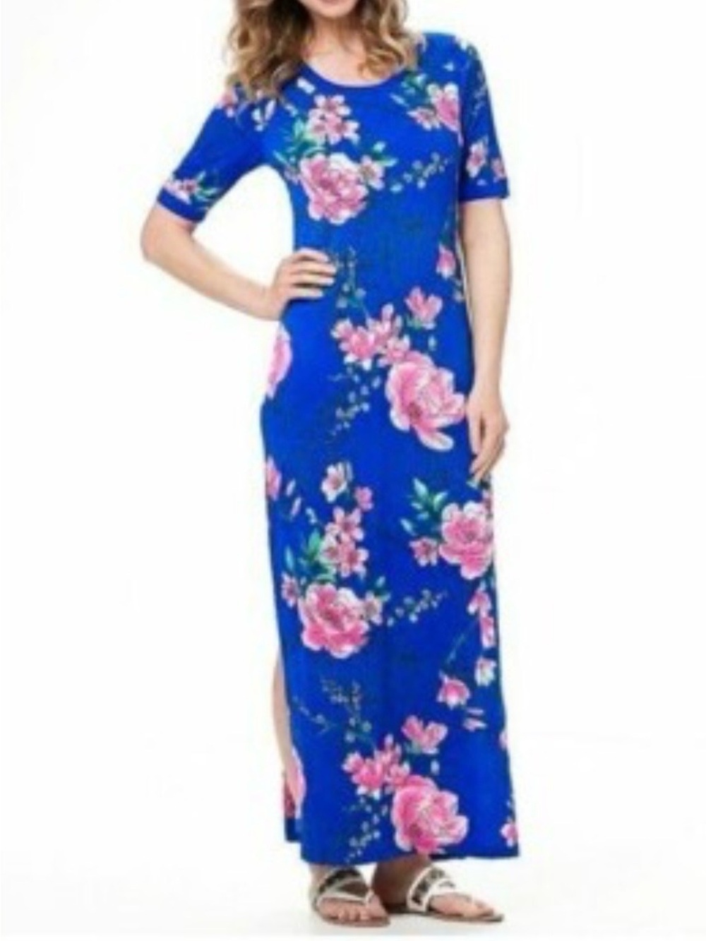 GILI Blue Floral Scoop Neck Jersey Knit Maxi Dress 2X
